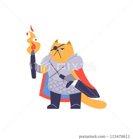 Vector illustration warrior cat with a eyepatch in armor with a torch and a sword Vector illustration warrior cat with a eyepatch in armor with a torch and a sword 115478611