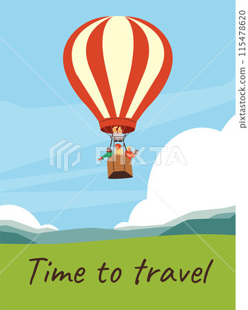 Vector illustration of friends enjoying a hot air balloon flight among clouds and green fields 115478620