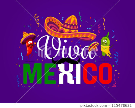 Viva Mexico banner with jalapeno pepper characters wearing sombrero or poncho and flashing joyful smiles, celebrate Mexican heritage with a spicy twist under the falling confetti, vector greeting card 115478621