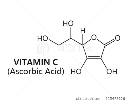 Vitamin C formula, ascorbic acid line chemical structure of vector chemistry science, health and skin care, medicine and education themes. Vitamin C skeletal formula of ascorbic acid molecular bonding Vitamin C formula, ascorbic acid line chemical structure of vector chemistry science, health and skin care, medicine and education themes. Vitamin C skeletal formula of ascorbic acid molecular bonding 115478626