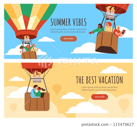 Hot air balloon flight with happy people soaring in sky among clouds on vector flyers template advertising design set 115478627