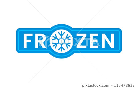 Blue frozen cold product icon, ice crystal label for fresh food package, vector badge. Snowflake symbol for frozen food and fresh refrigerated meat, fish or seafood, keep cold sign for package stamp 115478632