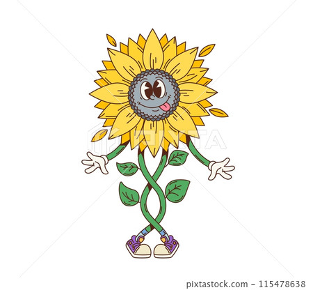 Cartoon retro groovy sunflower character, vintage smiling flower vector personage. Psychedelic comic yellow sunflower dancing with crazy face. Funky hippie summer plant emoji, cute floral emoticon Cartoon retro groovy sunflower character, vintage smiling flower vector personage. Psychedelic comic yellow sunflower dancing with crazy face. Funky hippie summer plant emoji, cute floral emoticon 115478638