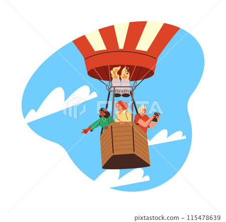 Hot air balloon flight with happy people soaring in sky flat vector illustration, tourist with camera device, air travel 115478639