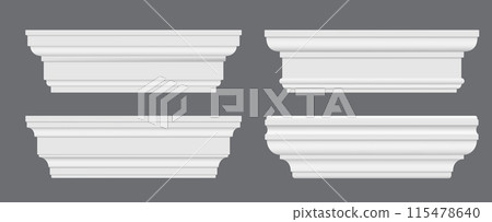 Trim molding, moulding cornice, house wall skirting interior white baseboard made of wood or plaster. Vector 3d ceiling crown molding, border, plinth board and panel, wall skirting and pillar capital 115478640