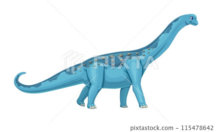 Paralititan prehistoric dinosaur. Cartoon vector sauropod dino character with massive, elongated body side view, long neck and tail in shades of blue, adorned with darker blue stripes and spots Paralititan prehistoric dinosaur. Cartoon vector sauropod dino character with massive, elongated body side view, long neck and tail in shades of blue, adorned with darker blue stripes and spots 115478642