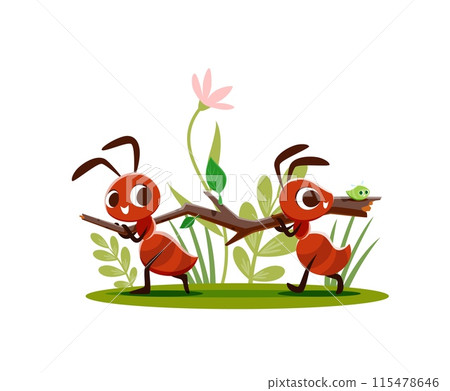 Cartoon ants carry tree branch, funny cute insect characters, vector ant workers. Happy ants builders carrying tree twig to anthill nest with small bug in grass and flowers for child cartoon 115478646