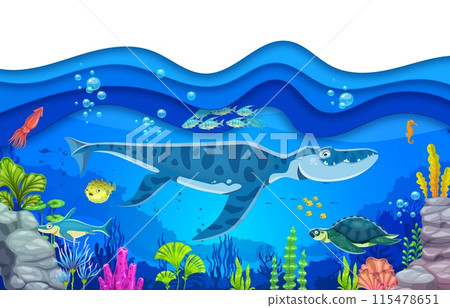 Underwater sea prehistoric dinosaurs. Vector paper cut scene with diverse range of sea creatures. Liopleurodon, ophtalmosaurus, turtle, schools of fish, seahorse at colorful coral reef with ocean wave 115478651