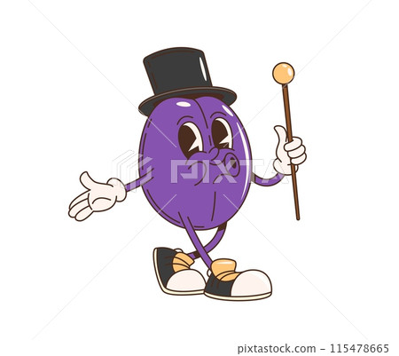 Retro cartoon groovy plum fruit character. Isolated vector whimsical purple prune personage dressed in a classic top hat and holding a cane. Elegant damson gentleman showcasing a fun, vintage vibes Retro cartoon groovy plum fruit character. Isolated vector whimsical purple prune personage dressed in a classic top hat and holding a cane. Elegant damson gentleman showcasing a fun, vintage vibes 115478665