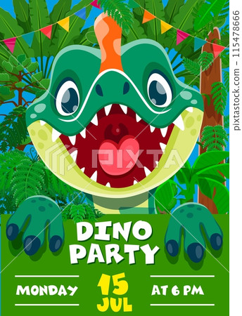 Kids birthday dino party invitation flyer with cute funny dino. Vector vivid banner with cheerful cartoon dinosaur amid a jungle backdrop with decorative bunting. Invite for fun-filled celebration 115478666