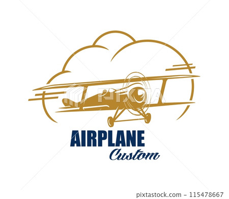 Airline and aircraft aviation icon. Isolated vector airplane custom emblem with classic retro biplane in flight within a large cloud shape, dynamic gold and blue color scheme and bold typography Airline and aircraft aviation icon. Isolated vector airplane custom emblem with classic retro biplane in flight within a large cloud shape, dynamic gold and blue color scheme and bold typography 115478667