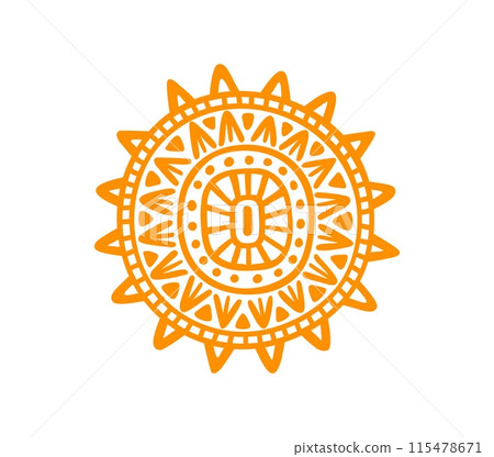 Aztec and Mayan totem of sun, tribal symbol of Maya and Inca, vector ethnic tattoo. Ancient Mexican, Aztec and Mayan historic culture and ritual symbol of sacred sun with line pattern ornament Aztec and Mayan totem of sun, tribal symbol of Maya and Inca, vector ethnic tattoo. Ancient Mexican, Aztec and Mayan historic culture and ritual symbol of sacred sun with line pattern ornament 115478671