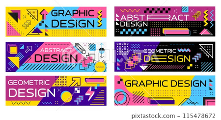 Abstract geometric modern memphis banners with vector line pattern of trendy minimal graphic elements. Geometric shapes grid background with squares, circles, triangles and dots, zigzag and wavy lines Abstract geometric modern memphis banners with vector line pattern of trendy minimal graphic elements. Geometric shapes grid background with squares, circles, triangles and dots, zigzag and wavy lines 115478672