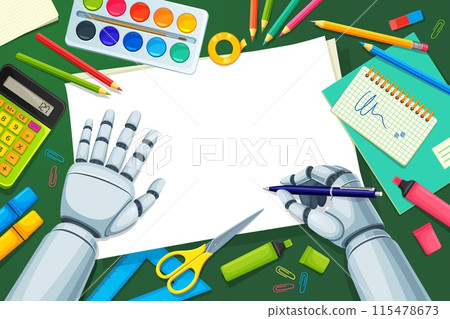 Robot training to write. Vector technology and creativity scene with cartoon cyborg hand grips a pen, poised to write on blank sheet of paper, surrounded with watercolors, scissors, creative supplies Robot training to write. Vector technology and creativity scene with cartoon cyborg hand grips a pen, poised to write on blank sheet of paper, surrounded with watercolors, scissors, creative supplies 115478673
