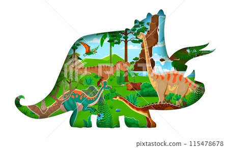 Paper cut prehistoric dinosaur silhouette 3d vector frame with dino species. Tyrranosaurus, tapejara, aegyptosaurus, lambeosaurus and brachiosaurus in lush environment with waterfall and palm trees Paper cut prehistoric dinosaur silhouette 3d vector frame with dino species. Tyrranosaurus, tapejara, aegyptosaurus, lambeosaurus and brachiosaurus in lush environment with waterfall and palm trees 115478678