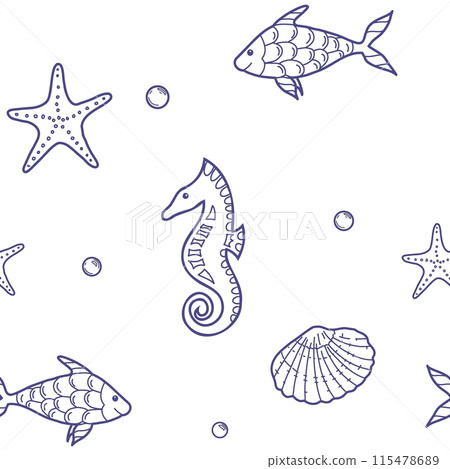 Under the Sea Hand drawn Seamless Pattern with Starfish, Seashells and Fishes, Seahorse. Vector illustration, blue line art isolated on white background. For fabric, wallpaper and marine beach design. Under the Sea Hand drawn Seamless Pattern with Starfish, Seashells and Fishes, Seahorse. Vector illustration, blue line art isolated on white background. For fabric, wallpaper and marine beach design. 115478689