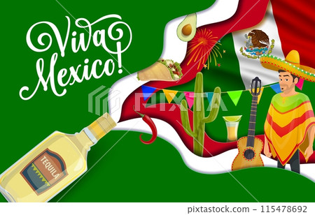 Viva Mexico paper cut banner with vector national flag and mexican holiday symbols. Cartoon mariachi musician character, guitar, sombrero and cactus, tequila, avocado, taco, chili in 3d papercut frame 115478692