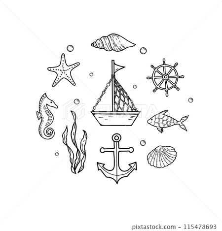 Marine set. Cute ship, boat, anchor and steering wheel. Hand drawn Sea Shells, Star, horse and Fish. Vector illustrations of Seaweeds, laminaria algae and Water Bubbles in doodle style. 115478693