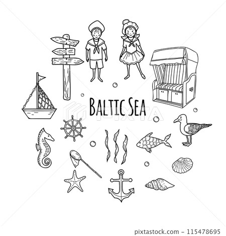 Marine Set of little Sailor Boy and Girl, cute Ship, Boat. Underwater set of Seaweeds, Sea Shells, Star, Seahorse and Fish. Hooded beach Chair from Baltic or north Sea, wooden Signpost and cute Marine Set of little Sailor Boy and Girl, cute Ship, Boat. Underwater set of Seaweeds, Sea Shells, Star, Seahorse and Fish. Hooded beach Chair from Baltic or north Sea, wooden Signpost and cute 115478695