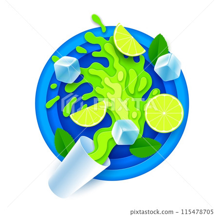 Paper cut mojito juice splash. 3d vector vibrant papercut of dynamic splatter with sliced green citrus fruit, ice cubes and leaves on a blue round layered frame, exudes freshness, and summer vibes Paper cut mojito juice splash. 3d vector vibrant papercut of dynamic splatter with sliced green citrus fruit, ice cubes and leaves on a blue round layered frame, exudes freshness, and summer vibes 115478705