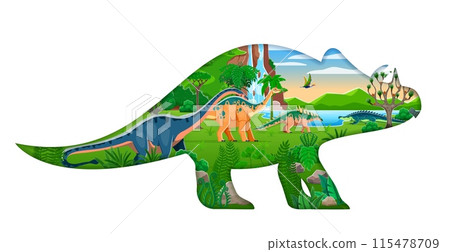 Paper cut prehistoric dinosaur silhouette with landscape and dino roam amidst verdant foliage, waterfalls and mountains. Sarcosuchus, quaesitosaurus, apatosaurus and polacanthus in natural environment 115478709