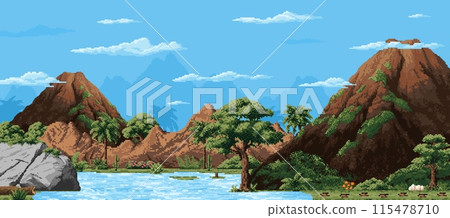 8 bit pixel art game prehistoric landscape with mountains and volcano. Vector retro style gaming level scene with towering rocks, river, lush flora, and a clear blue sky, 8-bit video game background 8 bit pixel art game prehistoric landscape with mountains and volcano. Vector retro style gaming level scene with towering rocks, river, lush flora, and a clear blue sky, 8-bit video game background 115478710
