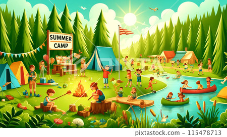 夏天,孩子們在繁忙的露營地玩耍 夏天,孩子們在繁忙的露營地玩耍 115478713