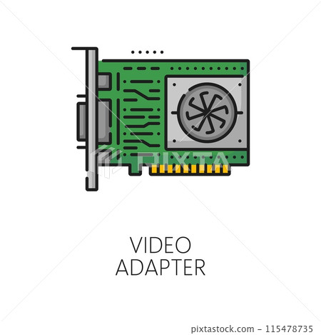 Computer video adapter software color thin line icon. Digital technology application, computer system driver support or server hardware repair thin line vector icon with PC video or graphic card 115478735