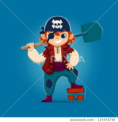 Cartoon kid boy pirate corsair with treasure chest, wielding a shovel, donning a hat with a skull emblem, and featuring an eye patch. Vector little rover child hiding loot on secret island in sea Cartoon kid boy pirate corsair with treasure chest, wielding a shovel, donning a hat with a skull emblem, and featuring an eye patch. Vector little rover child hiding loot on secret island in sea 115478736