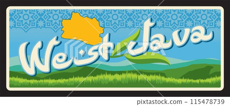 West Java province in Indonesia, Indonesian territory and area. Vector travel plate, vintage tin sign, retro postcard design. Landscape with grass and mountains, map and asian ornaments 115478739