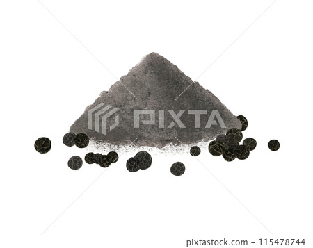 Black pepper peas and powder. Aromatic ground pepper as seasoning for dishes. Pile of spices. Peppercorn heap. Watercolor illustration. Ingredient for decor, cooking recipe. Dried spice for food Black pepper peas and powder. Aromatic ground pepper as seasoning for dishes. Pile of spices. Peppercorn heap. Watercolor illustration. Ingredient for decor, cooking recipe. Dried spice for food 115478744