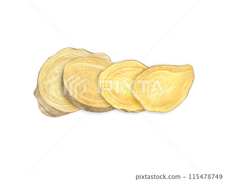 Ginger root slices lying on top of each other. Watercolor illustration illustration of raw seasoning. Natural organic product for recipe, package. For treating colds, strengthening the immune system 115478749