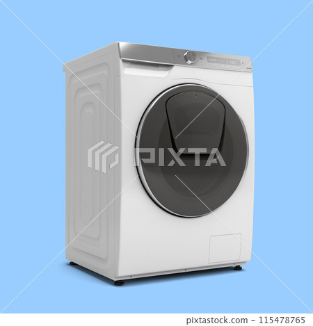 New modern Washing machine perspective view 3D render on blue New modern Washing machine perspective view 3D render on blue 115478765