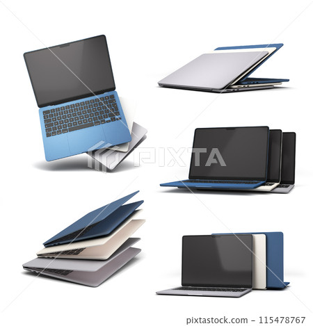 Set of new different color empty screan laptops presentation 3d render on white Set of new different color empty screan laptops presentation 3d render on white 115478767