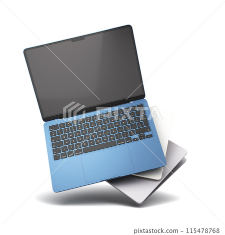 new different color empty screan laptops presentation fly in air 3d render on white new different color empty screan laptops presentation fly in air 3d render on white 115478768