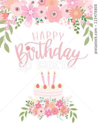 生日卡粉紅色花束和草莓生日蛋糕，帶有生日快樂文本 115478808