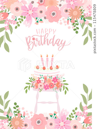 Birthday card with pink bouquet and strawberry birthday cake and "Happy Birthday" text 115478809