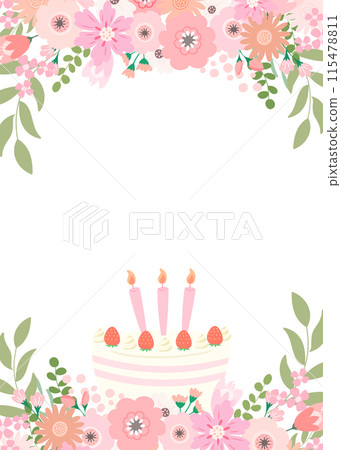 Pink flower frame and strawberry birthday cake template with copy space 115478811