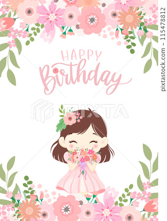生日卡,可愛的女孩穿著粉紅色的花朵和裙子,上面寫著生日快樂的文字 生日卡,可愛的女孩穿著粉紅色的花朵和裙子,上面寫著生日快樂的文字 115478812