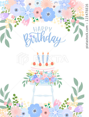 Birthday card with light blue bouquet and strawberry birthday cake and "Happy Birthday" text 115478816