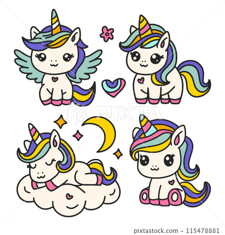 Set Of Cute Cartoon Unicorns Isolated On A White Unicorn Animal And Rainbow. Set Of Cute Cartoon Unicorns Isolated On A White Unicorn Animal And Rainbow. 115478881