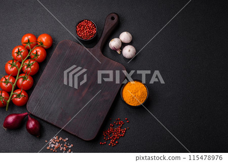 Ingredients for cooking at home pepper, salt, spices and herbs 115478976