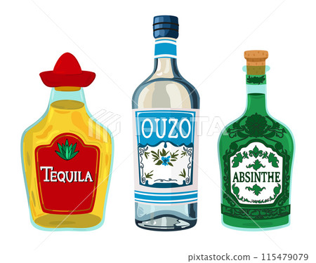 Vector collection of alcohol drinks. Bottles isolated on white background. Tequila, ouzo, absinthe 115479079