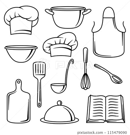 Set of kitchen utensils. Cooking tools for home and restaurant items. 115479090