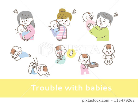Illustration set about baby accidents and troubles Illustration set about baby accidents and troubles 115479262