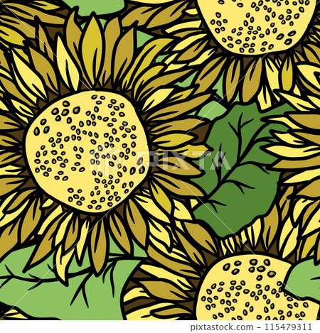 Sunflower with leaves seamless pattern. Hand drawn illustration for textile design or scrapbook, summer background 115479311