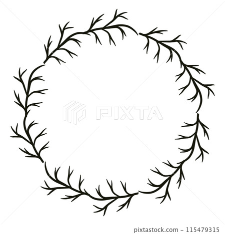 Simple branch w wreath, vector black ink illustration. Circle wreath for tag, card or invite Simple branch w wreath, vector black ink illustration. Circle wreath for tag, card or invite 115479315