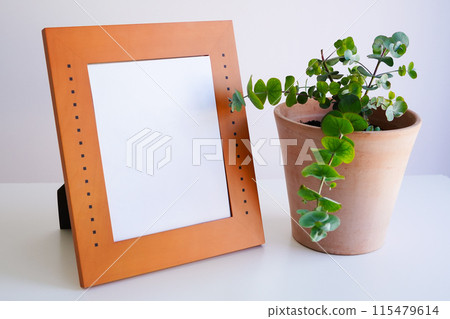 Photo frame and potted plant mockup on white background Photo frame and potted plant mockup on white background 115479614
