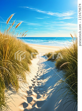 A sandy beach with tall grass and blue sky. 115479674