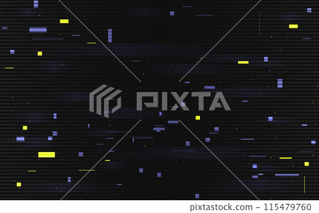 Glitch color shapes. Broken TV signal. Abstract random pixels. Distorted video effect. Digital television noise. Pixel mosaic texture. Color dynamic elements. Vector illustration 115479760